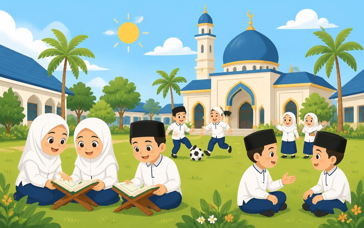 Murid-murid mengaji dan bermain di halaman sekolah